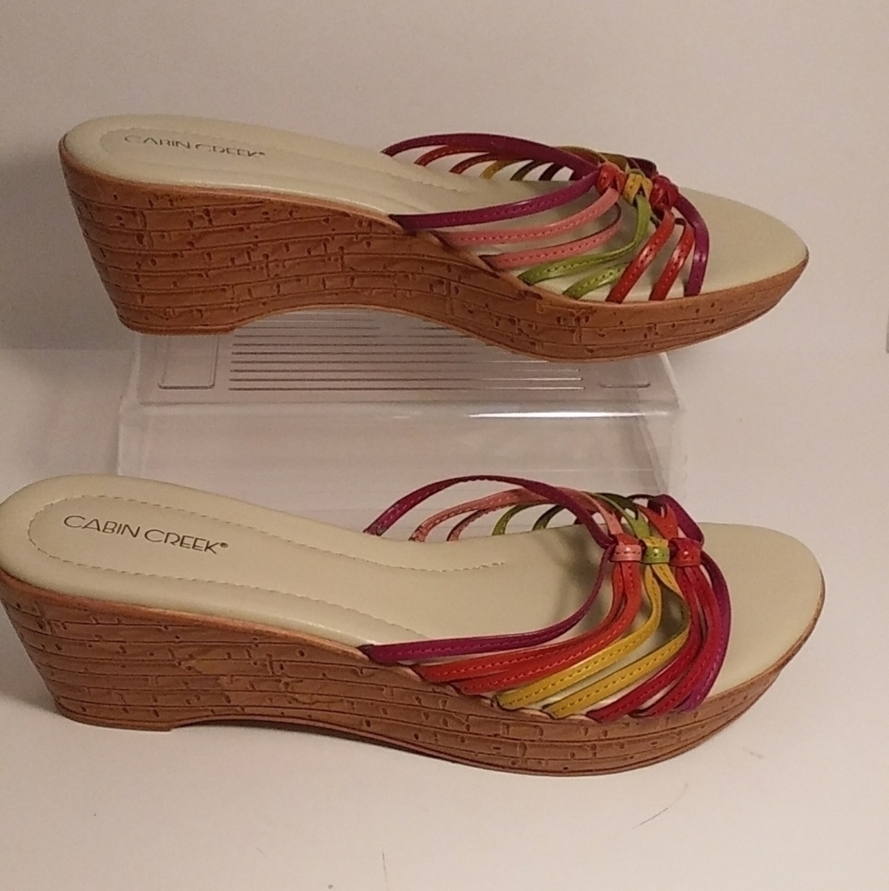 Cabin Creek Multicolor Strappy Knot Center Strands Cork Look Wedge Heel Size 9